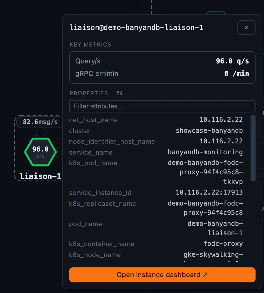 A Container dashboard for a data/liaison node — role-specific ingestion / storage panels on top of the shared CPU / memory / Go-runtime resources.