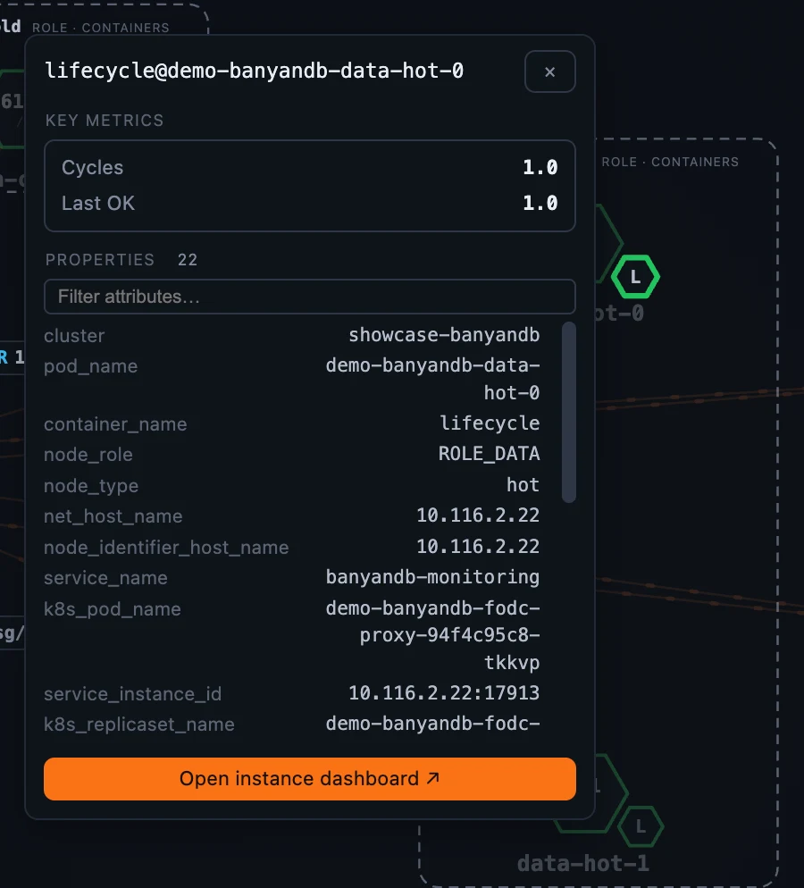 The same Container dashboard opened on the lifecycle sidecar — only its migration-cycle and last-run panels show.