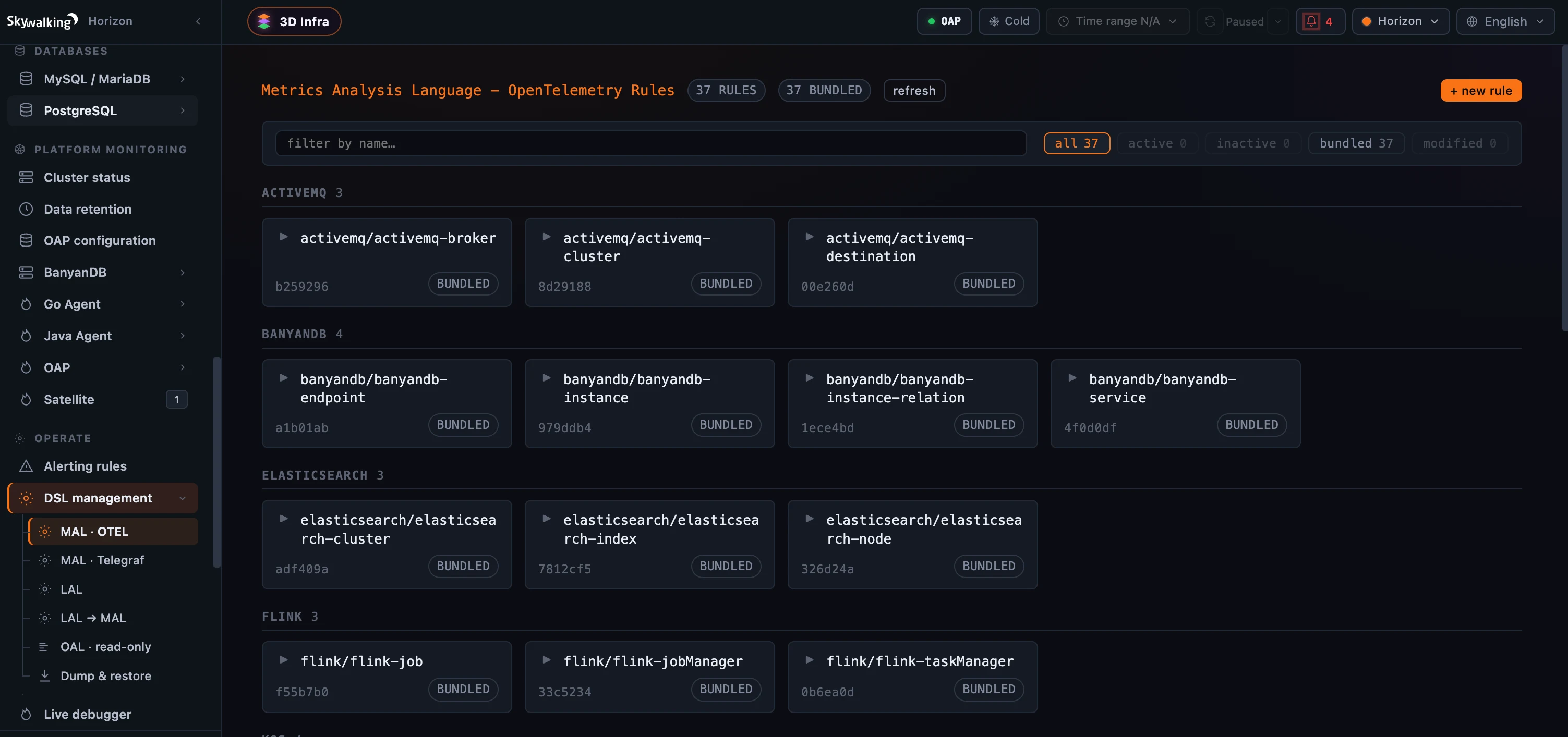 Figure 1: The DSL management catalog — analysis rules grouped by source, each with a status chip, and status-filter facets across the top.