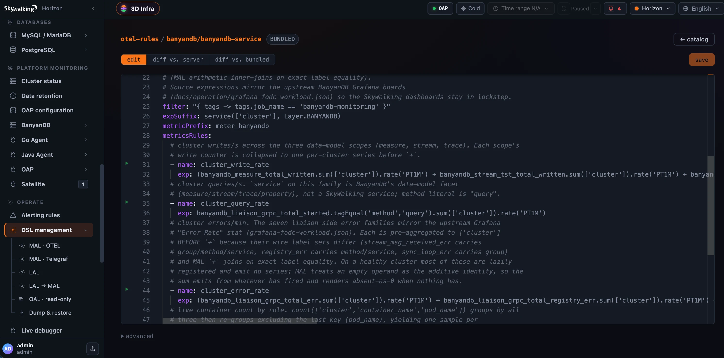Figure 2: A MAL rule open in the Monaco YAML editor, with edit / diff-vs-server / diff-vs-bundled tabs and green play glyphs in the gutter.