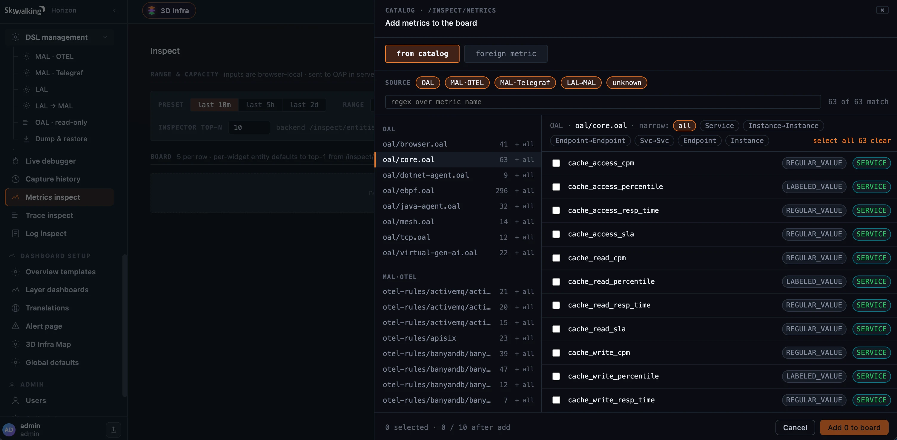 Figure 1: The Metrics inspect catalog drawer — metrics grouped by their defining OAL file or MAL rule set, with source filters, search, and per-metric type and scope.